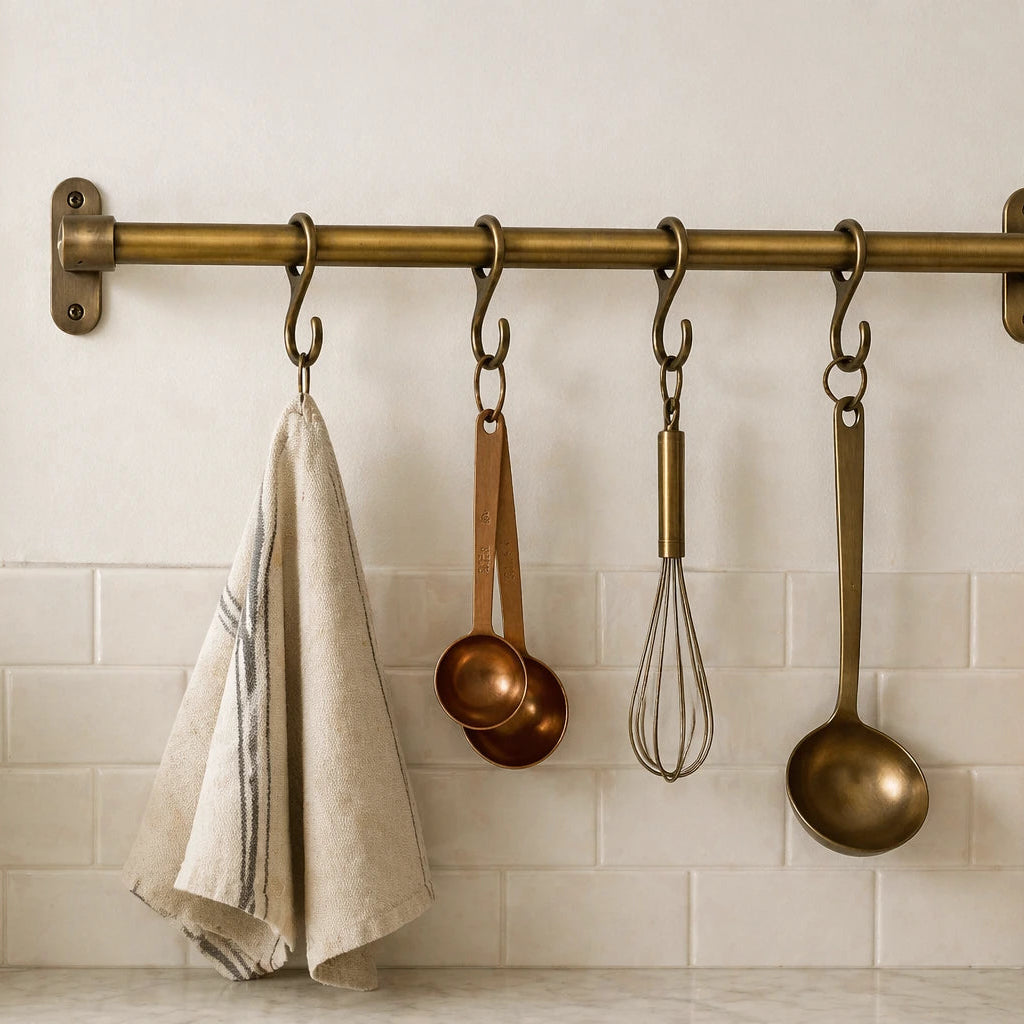 Kitchen utensils hanging on a brass rod against a white tiled wall.