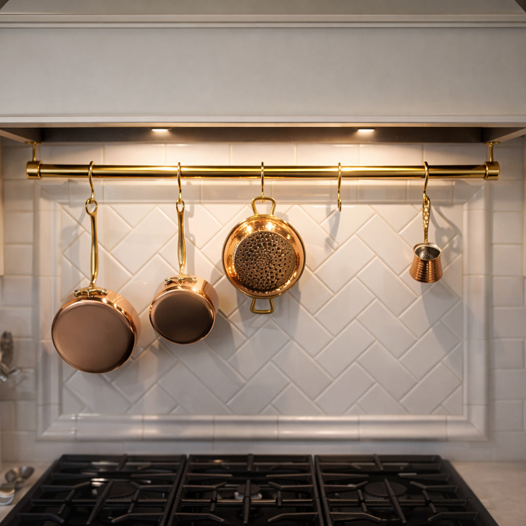 Kitchen with copper pots and pans hanging above a stove