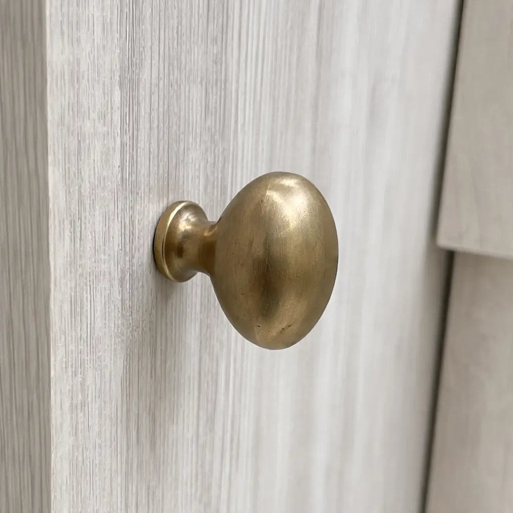 Brass door handle on a wooden door