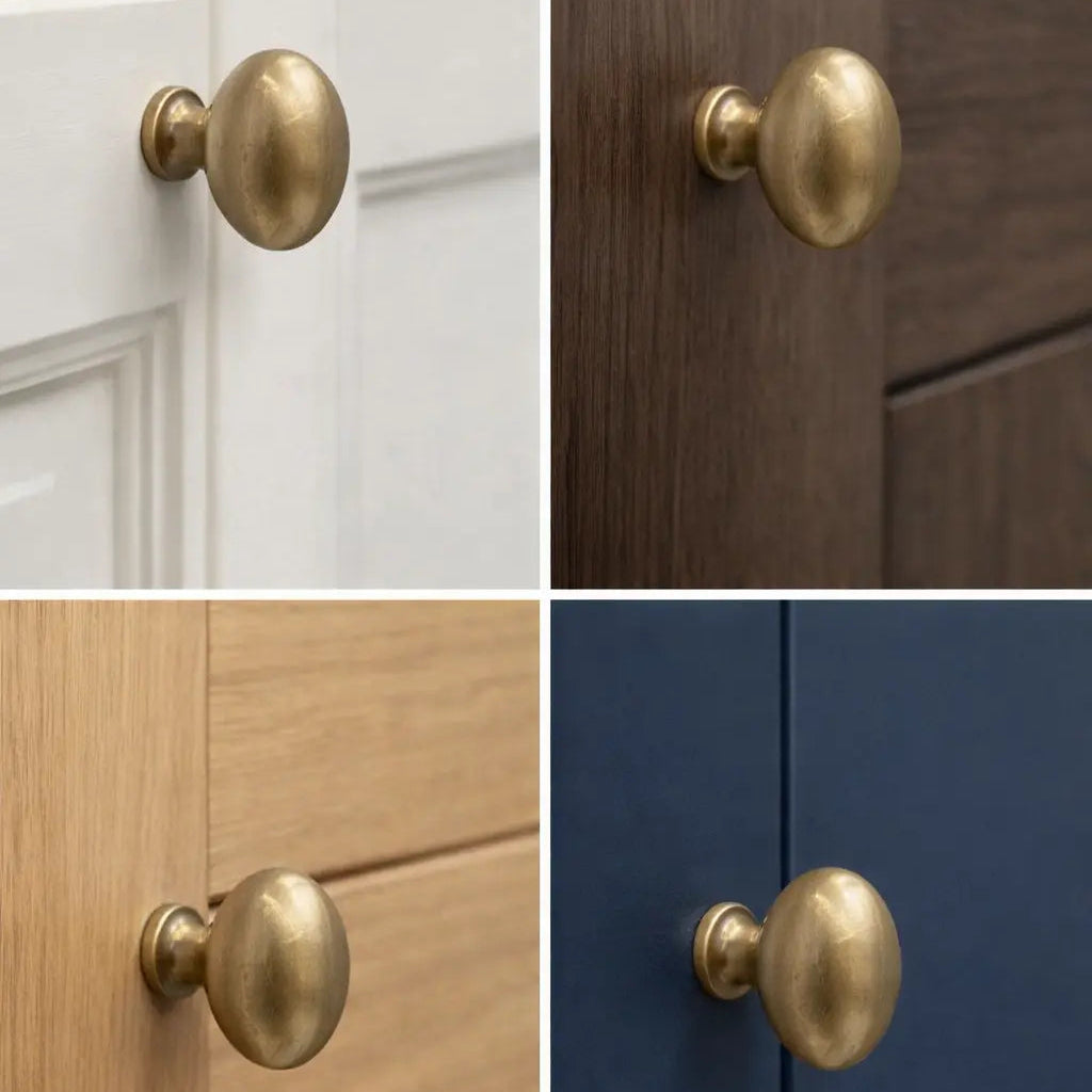 Collage of brass cabinet knobs on different colored doors.