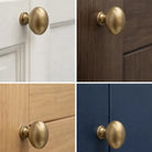 Collage of brass cabinet knobs on different colored doors.
