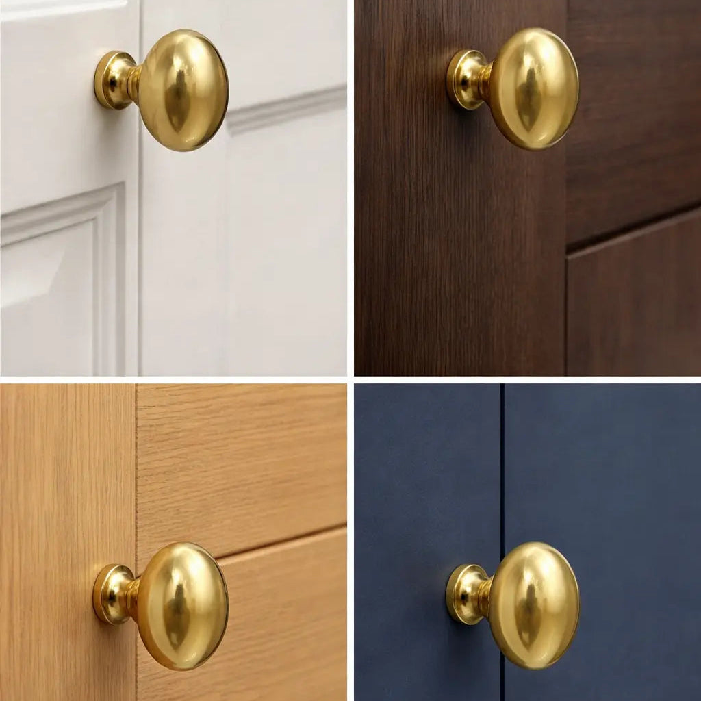 Gold cabinet knobs on doors of different colors including white, brown, beige, and blue.